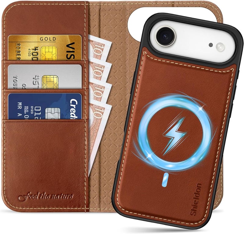 SHIELDON 2-in-1 Wallet Case for iPhone Air 6.5-inch 2025 | Genuine Leather, Wireless Charging, Detachable Magnetic Cover, RFID Blocking Card Holder, Kickstand, Shockproof - Retro Brown - Image 1